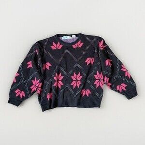 Vintage 80s Pink Black Geometric Sweater Womens Medium Indie Retro Grandpa Cozy